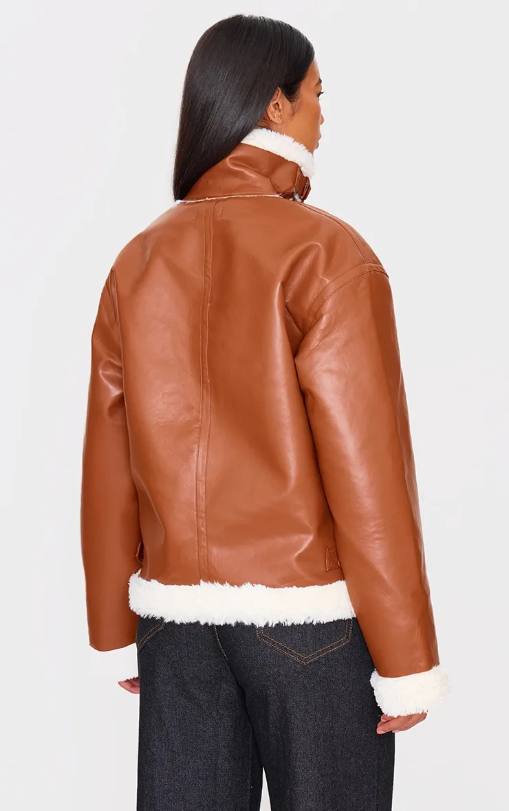 Camel Faux Fur Trim Faux Leather Aviator Jacket sold by Pretty Little Thing product image thumbnail 2