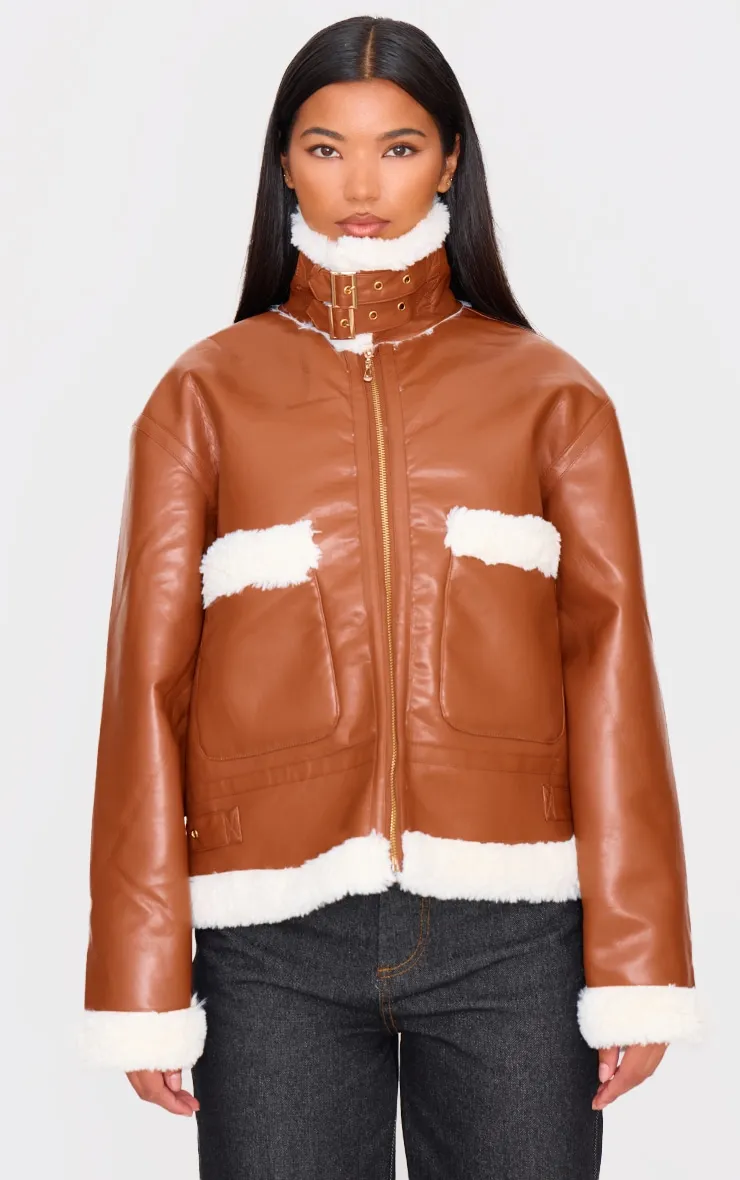 Camel Faux Fur Trim Faux Leather Aviator Jacket sold by Pretty Little Thing product image thumbnail 3