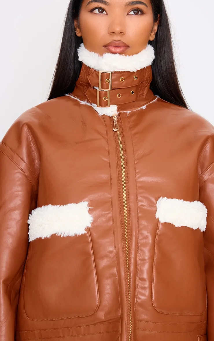 Camel Faux Fur Trim Faux Leather Aviator Jacket sold by Pretty Little Thing product image thumbnail 4
