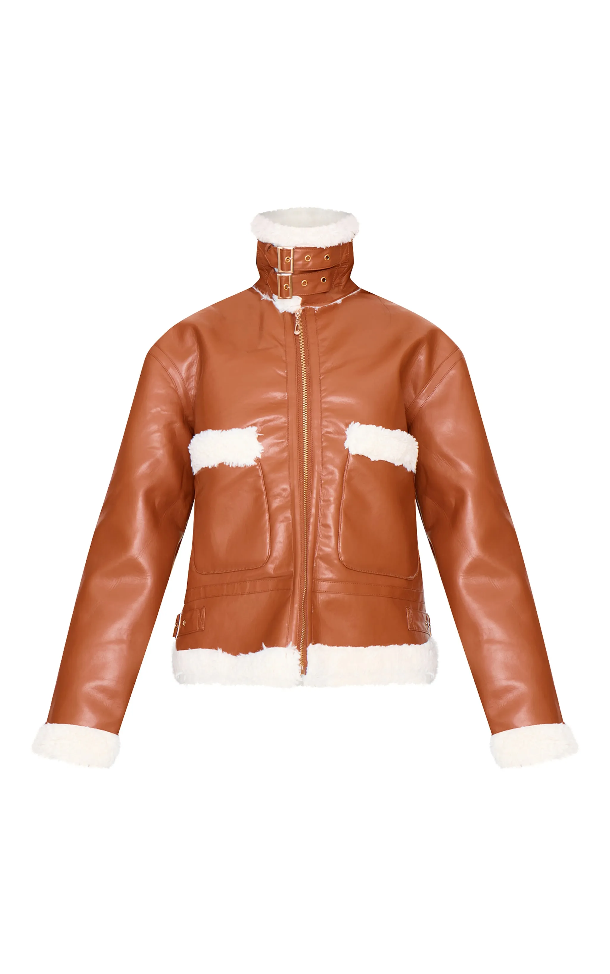 Camel Faux Fur Trim Faux Leather Aviator Jacket sold by Pretty Little Thing product image thumbnail 5