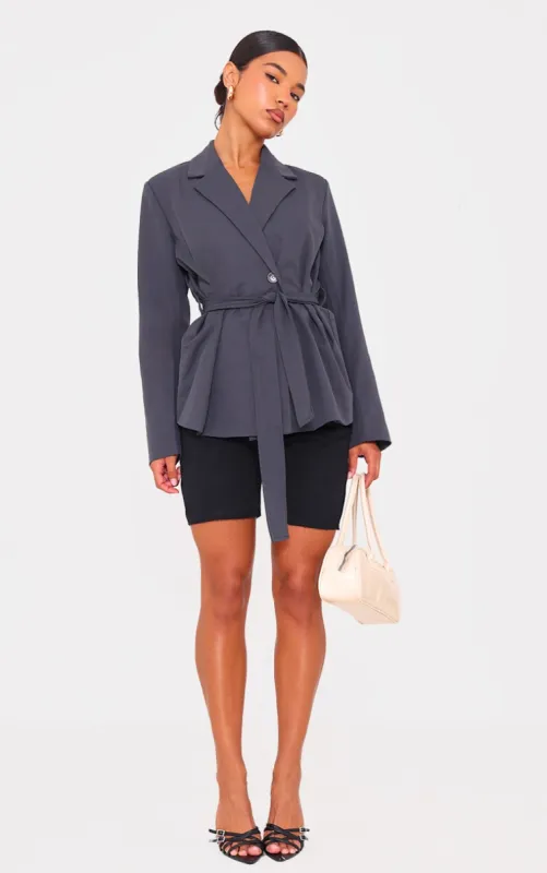 Charcoal Wide Belted Waist Blazer sold by Pretty Little Thing