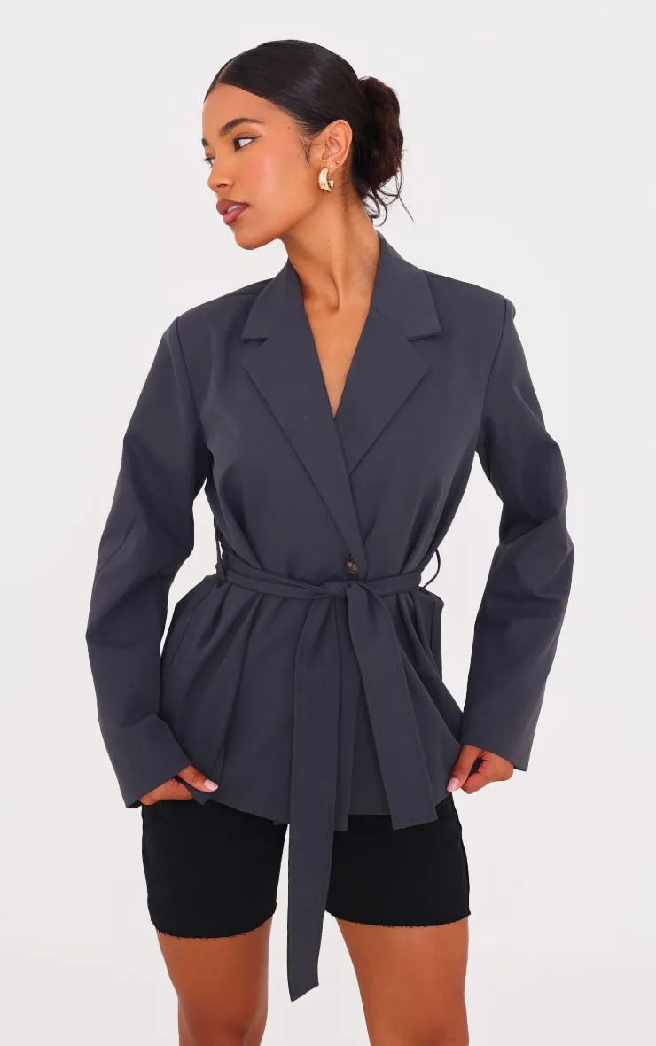 Charcoal Wide Belted Waist Blazer sold by Pretty Little Thing product image thumbnail 3