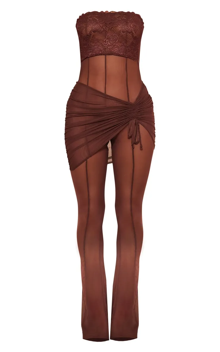 Chocolate Sheer Mesh Wrap Lace Detail Jumpsuit sold by Pretty Little Thing product image thumbnail 5
