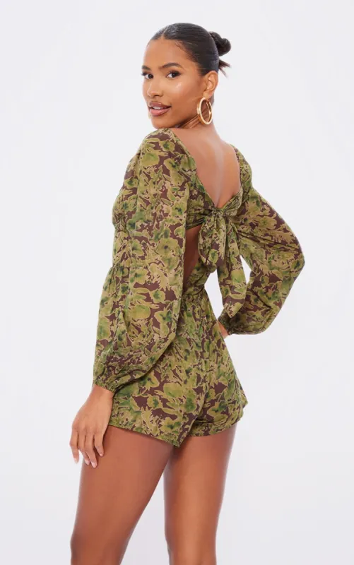  Green Floral Printed Tie Back Cut Out Playsuit sold by Pretty Little Thing