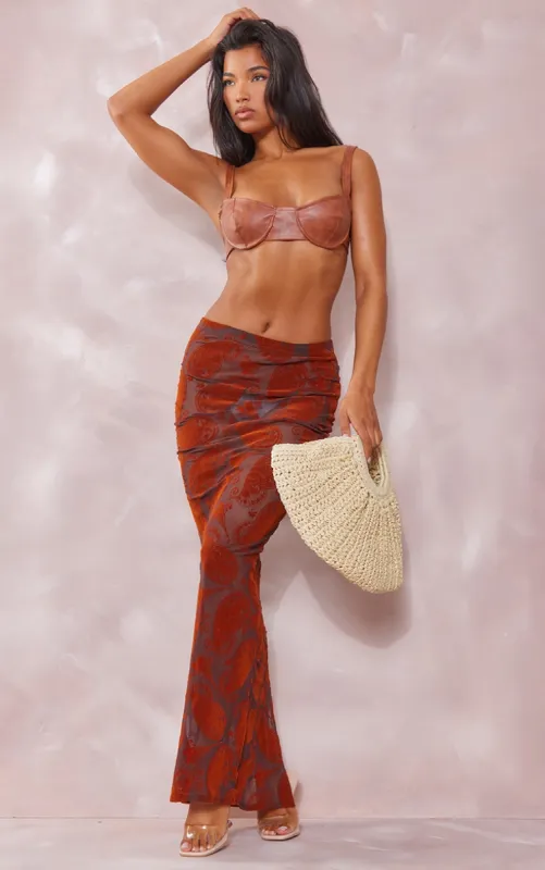 Brown Swirl Devore Mesh Maxi Skirt sold by Pretty Little Thing