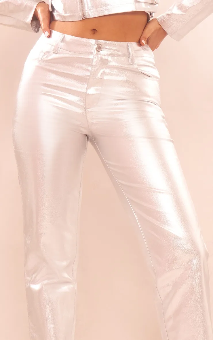 Silver Metallic Coated Denim Straight Leg Jeans sold by Pretty Little Thing product image thumbnail 4