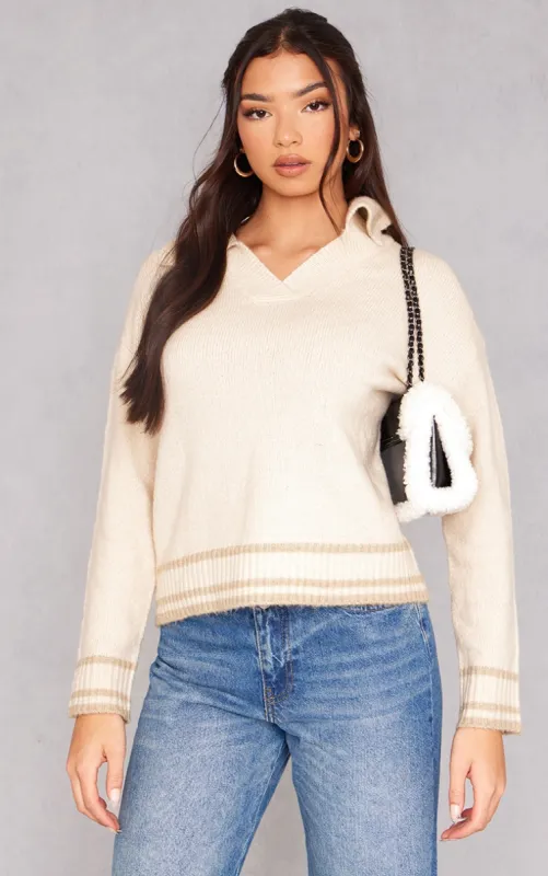 Oatmeal Soft Knit Varsity V Neck Jumper sold by Pretty Little Thing