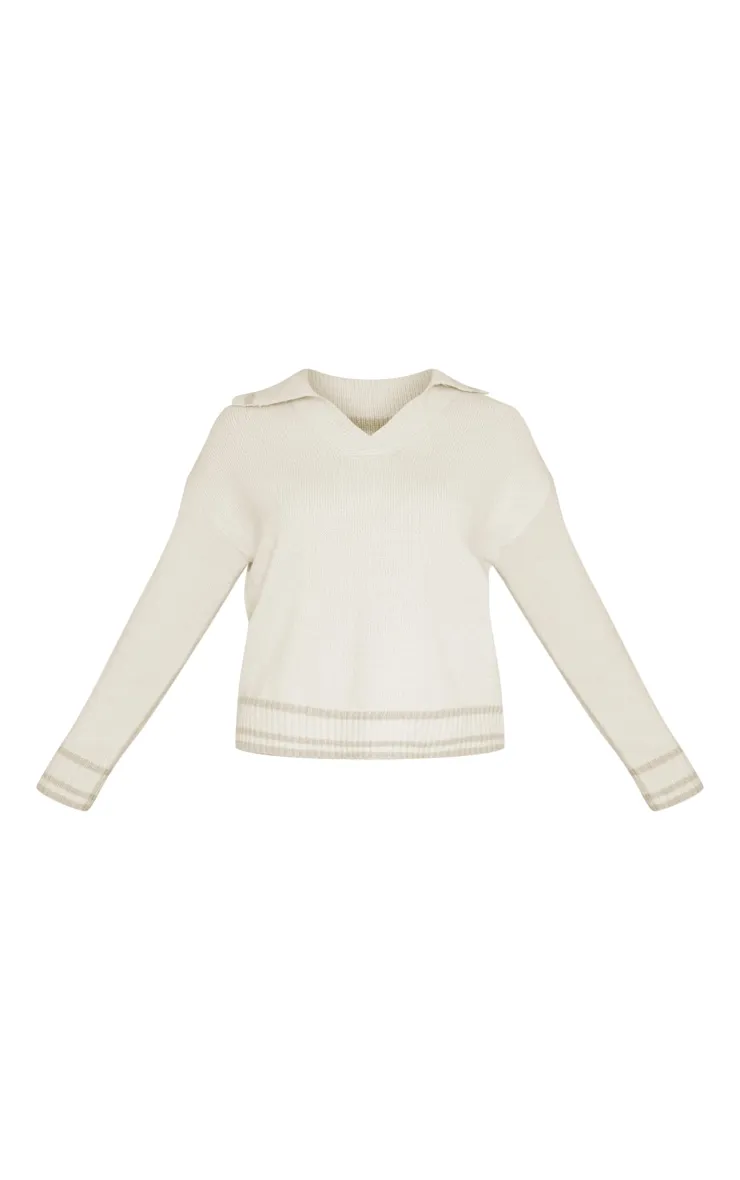 Oatmeal Soft Knit Varsity V Neck Jumper sold by Pretty Little Thing product image thumbnail 5