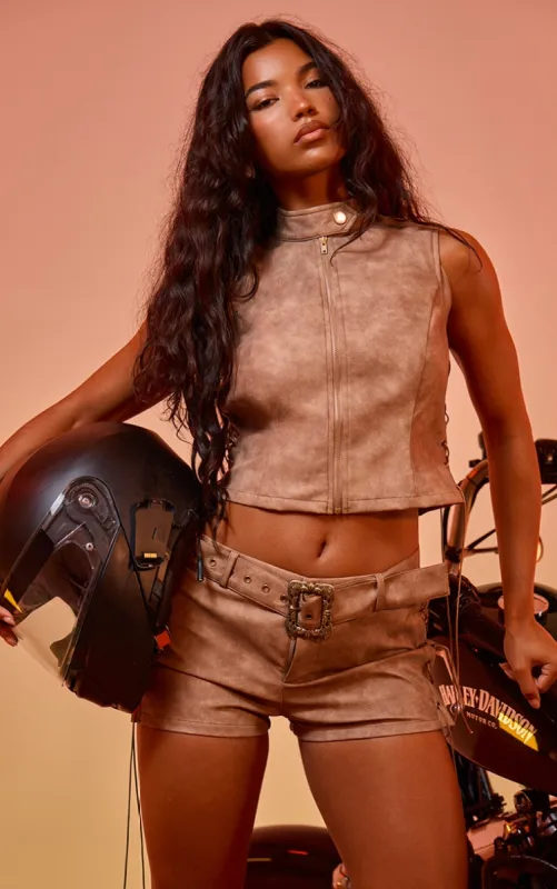 Brown Washed Faux Leather Lace Up Detail Long Top sold by Pretty Little Thing