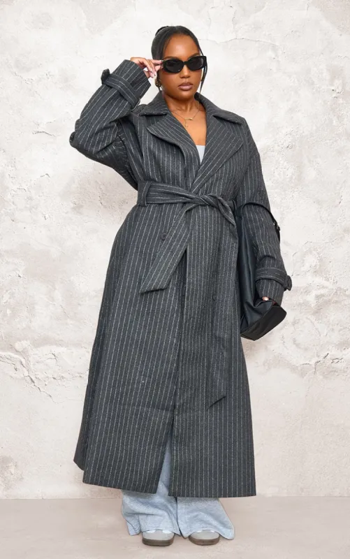 Plus Charcoal Pinstripe Wool Look Double Breasted Belted Coat sold by Pretty Little Thing