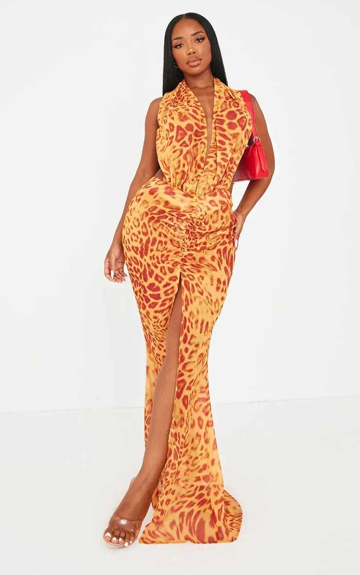 Shape Orange Leopard Printed Chiffon Drape Front Maxi Dress sold by Pretty Little Thing