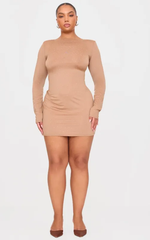 Plus Nude Hot Fix Long Sleeve Mini Dress sold by Pretty Little Thing