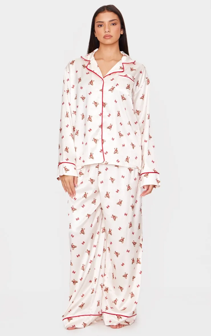 Cream Teddy Print Satin Long Pj Set sold by Pretty Little Thing