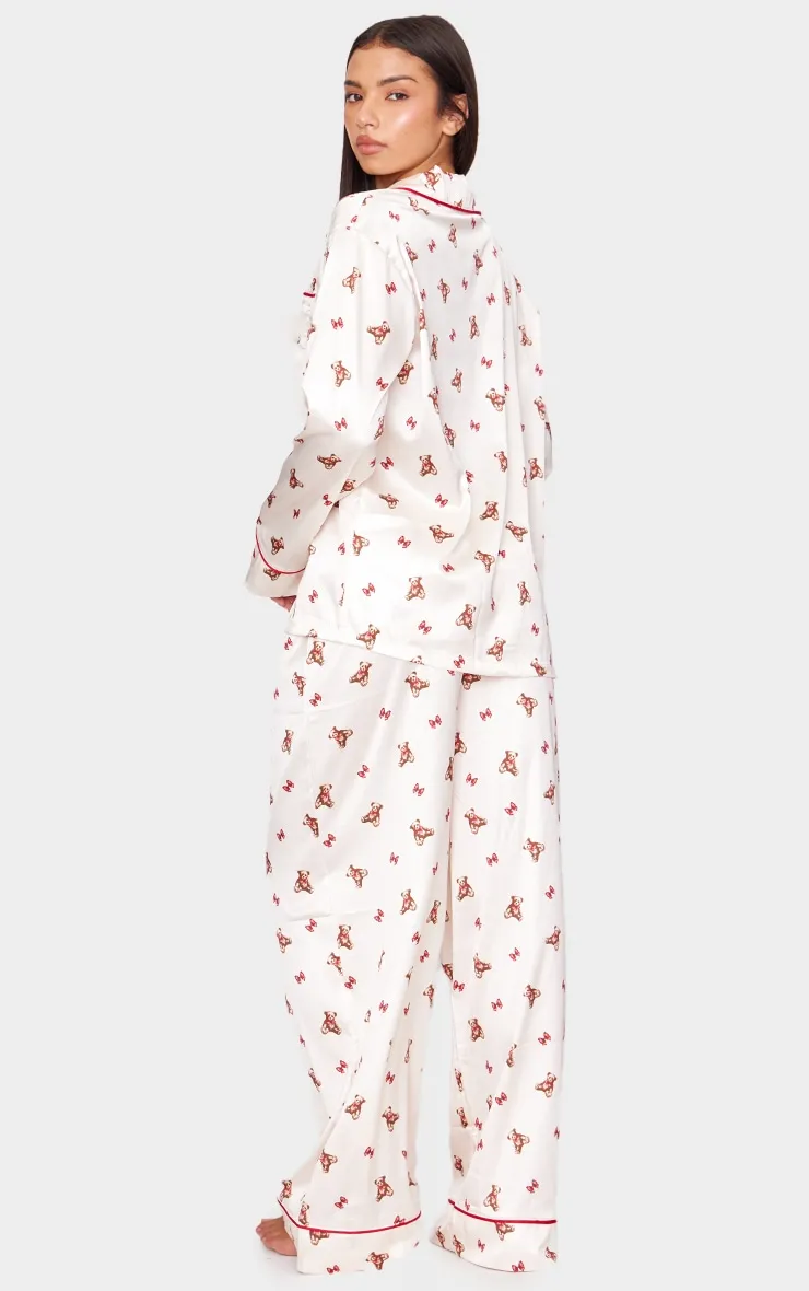 Cream Teddy Print Satin Long Pj Set sold by Pretty Little Thing product image thumbnail 2