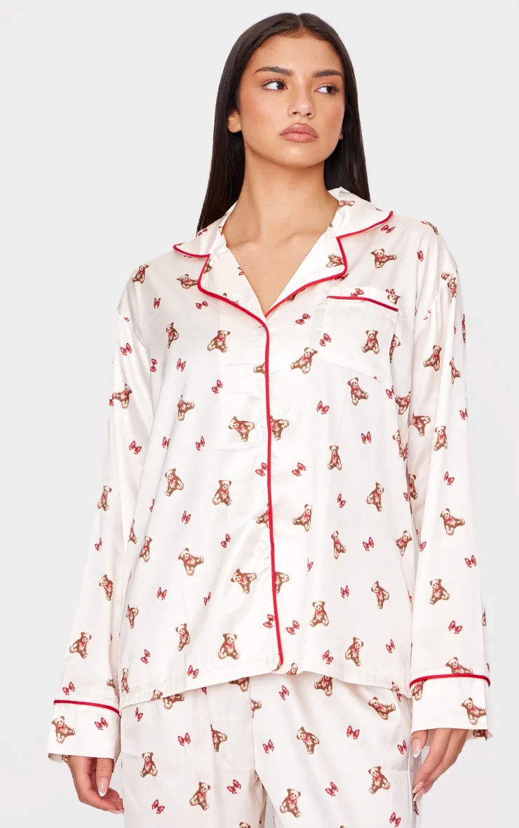 Cream Teddy Print Satin Long Pj Set sold by Pretty Little Thing product image thumbnail 4
