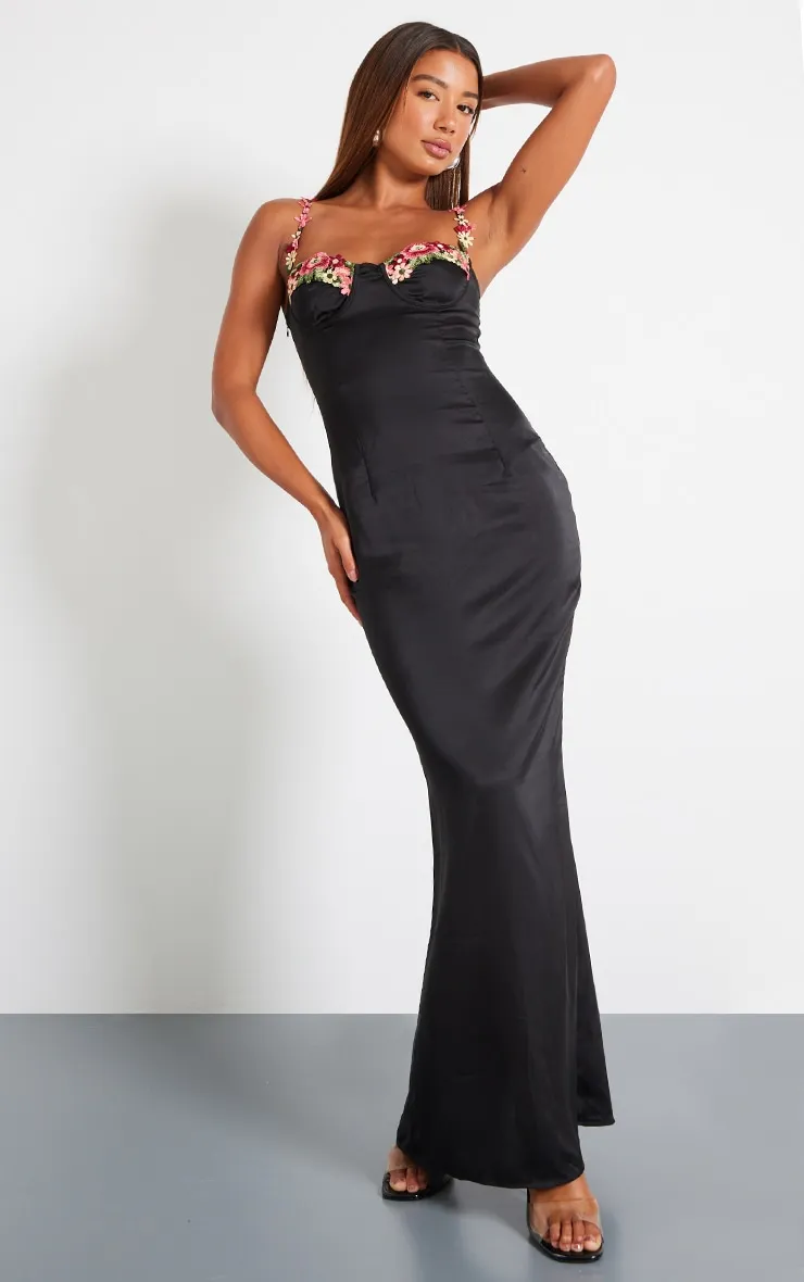 Black Satin Floral Applique Underwired Strappy Maxi Dress sold by Pretty Little Thing