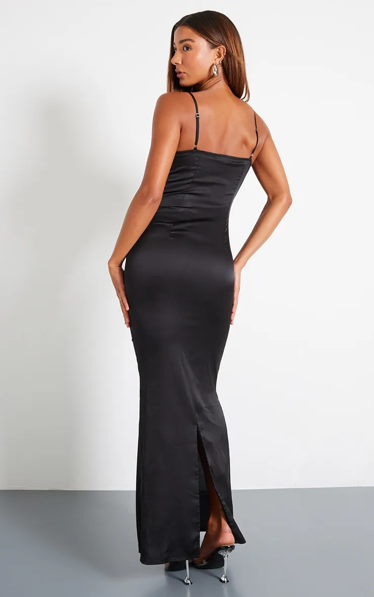 Black Satin Floral Applique Underwired Strappy Maxi Dress sold by Pretty Little Thing product image thumbnail 2