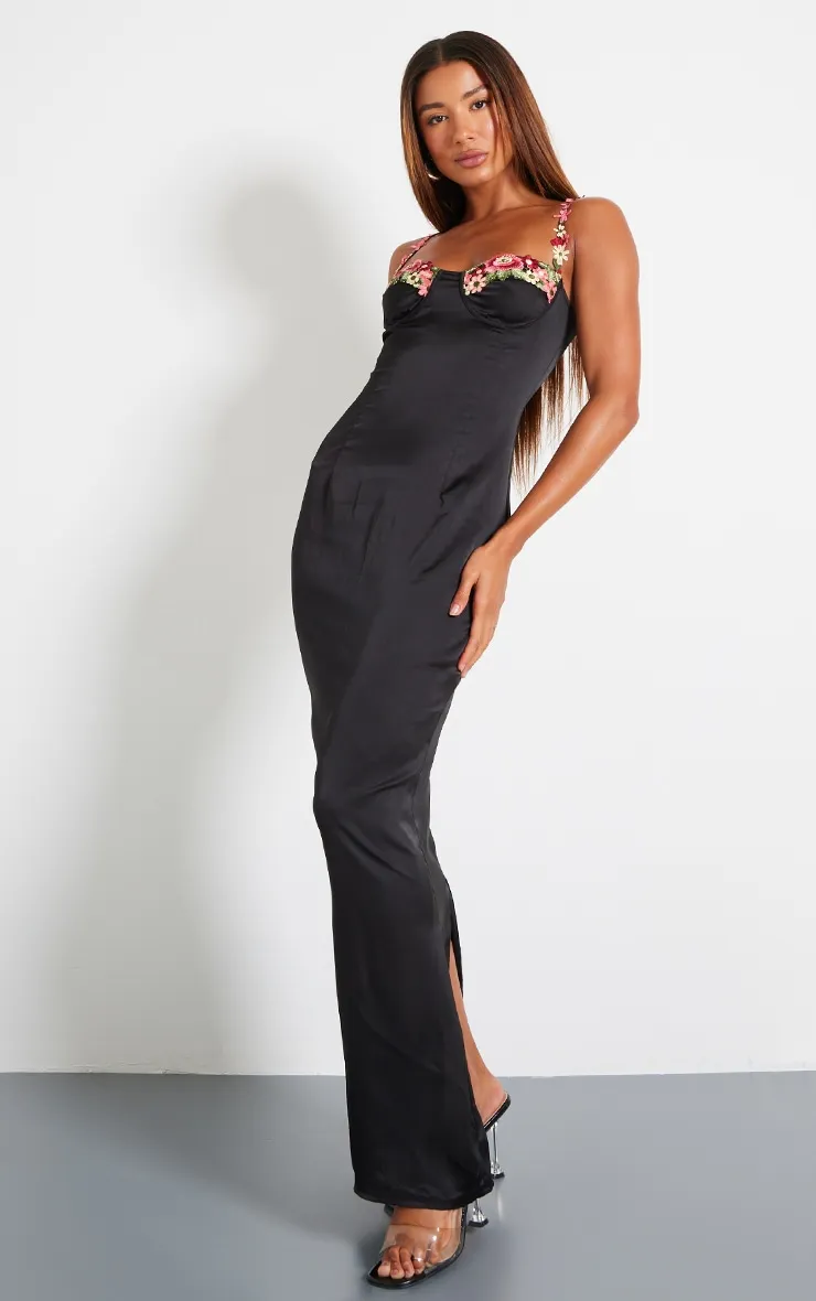 Black Satin Floral Applique Underwired Strappy Maxi Dress sold by Pretty Little Thing product image thumbnail 3