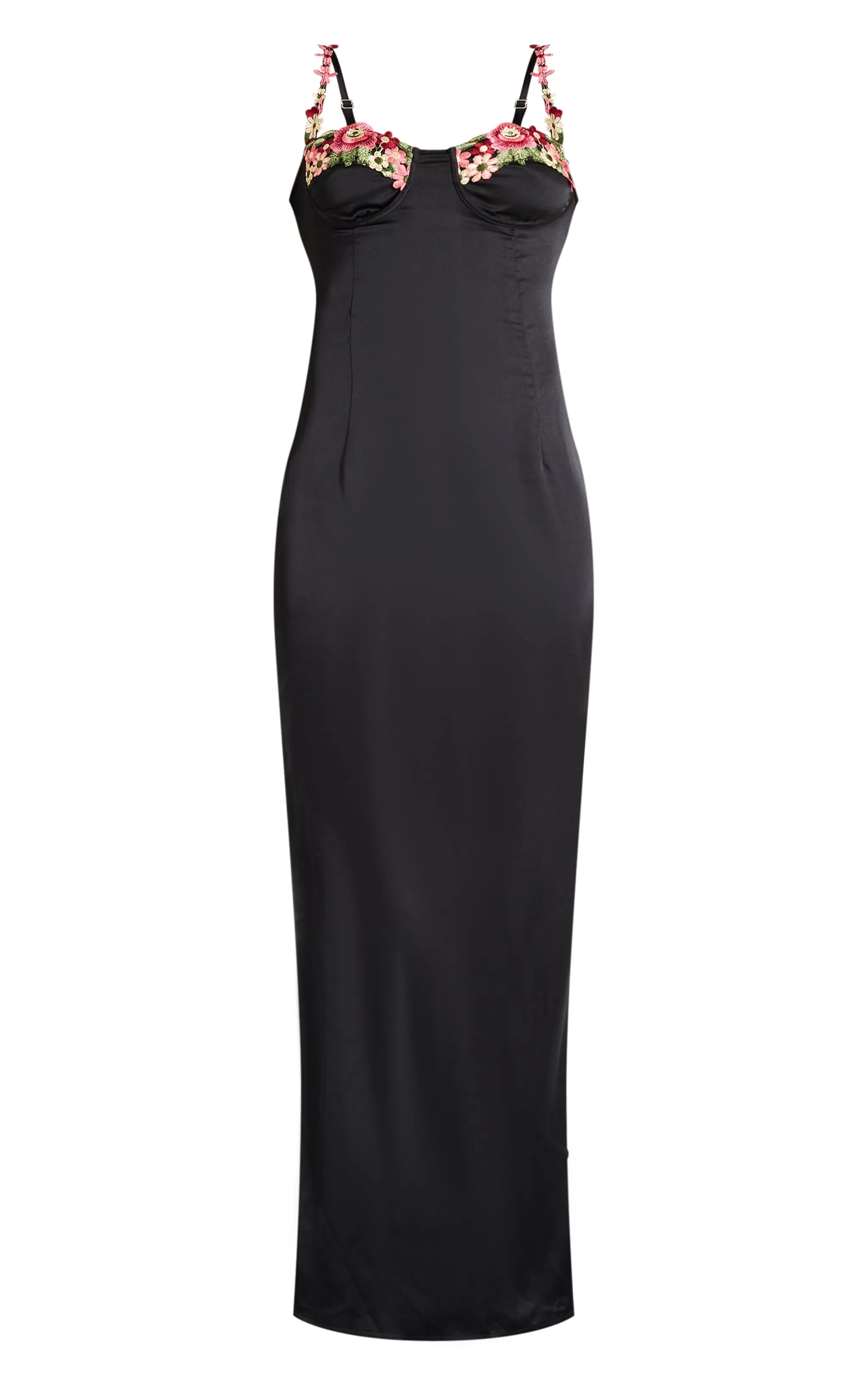 Black Satin Floral Applique Underwired Strappy Maxi Dress sold by Pretty Little Thing product image thumbnail 5