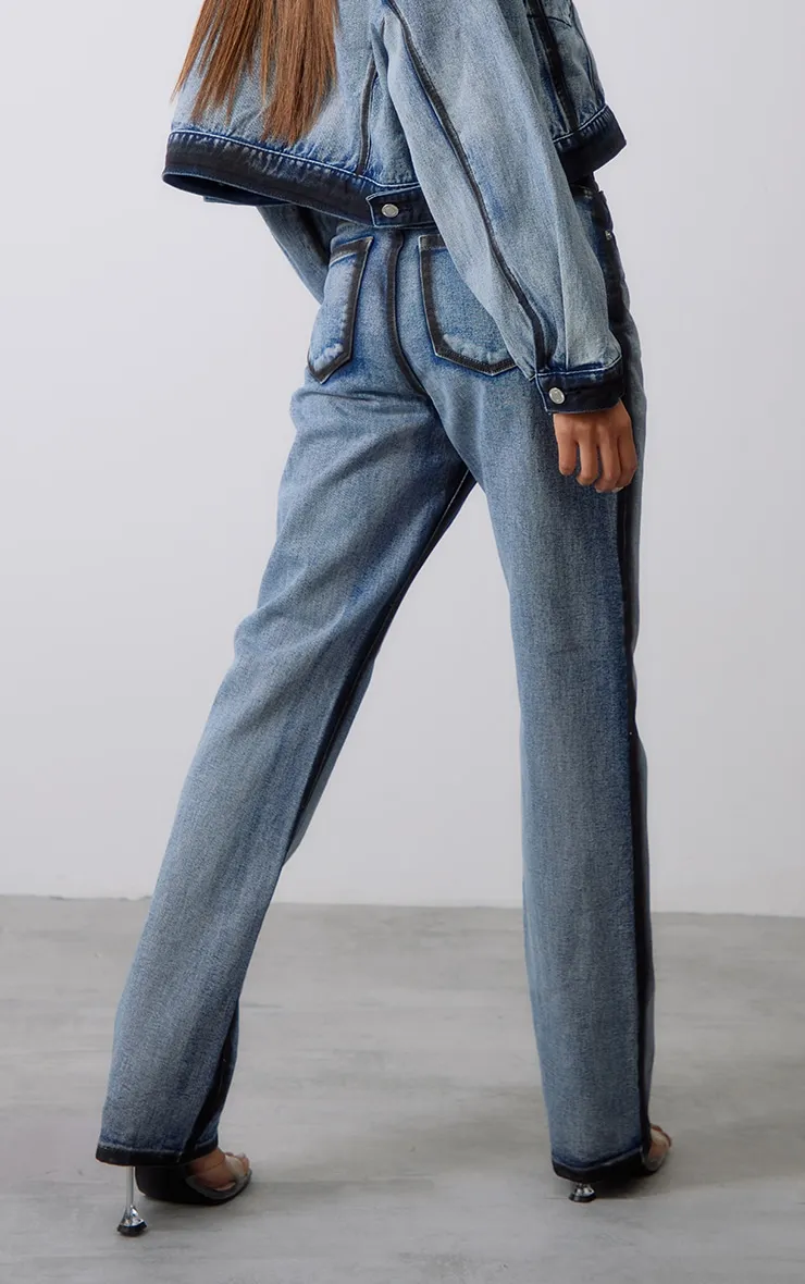 Indigo Blue Wash Contrast Edge Washed Down Straight Leg Denim Jeans sold by Pretty Little Thing product image thumbnail 3