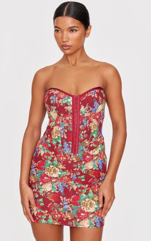 Burgundy Tapestry Bandeau Lace Up Back Bodycon Dress sold by Pretty Little Thing