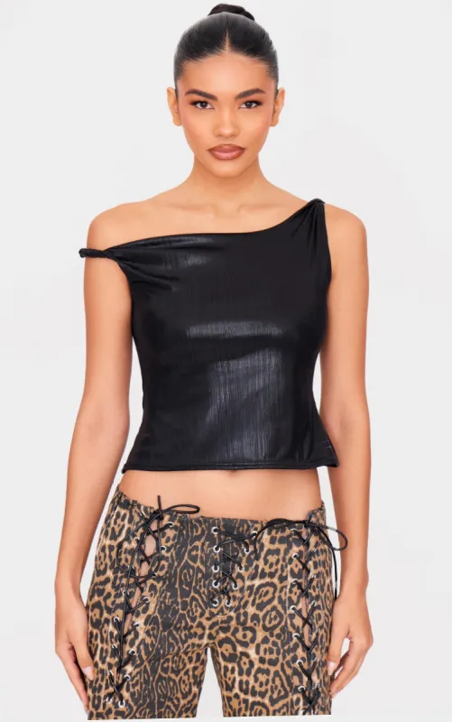 Dark Grey Metallic Textured Twist Shoulder Long Top made by Pretty Little Thing