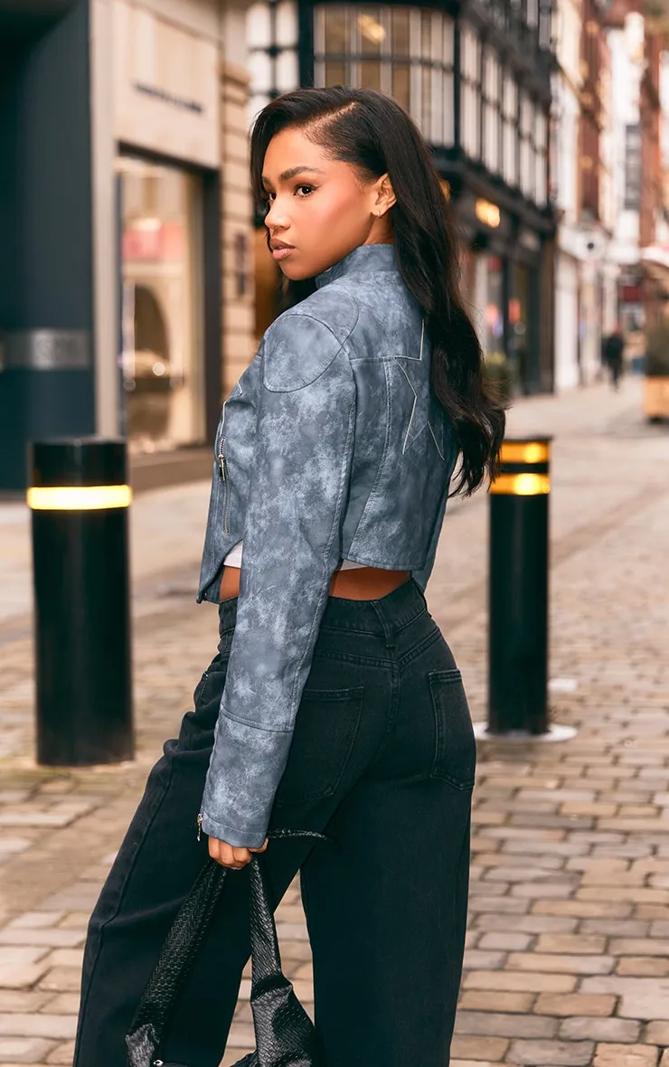 Washed Blue Distressed Faux Leather Star Embroidery Biker Jacket sold by Pretty Little Thing product image thumbnail 2