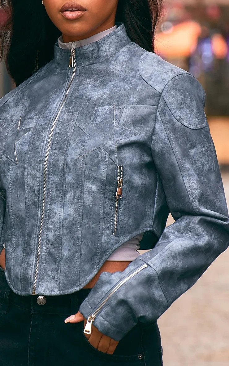 Washed Blue Distressed Faux Leather Star Embroidery Biker Jacket sold by Pretty Little Thing product image thumbnail 3