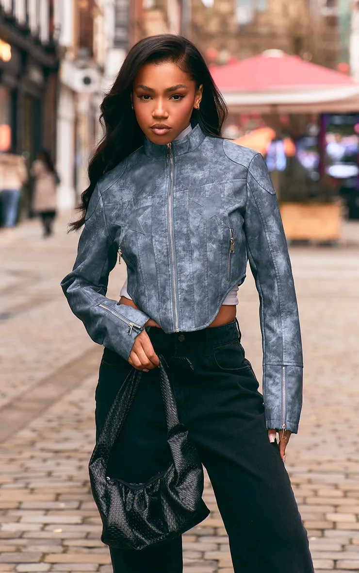 Washed Blue Distressed Faux Leather Star Embroidery Biker Jacket sold by Pretty Little Thing product image thumbnail 4