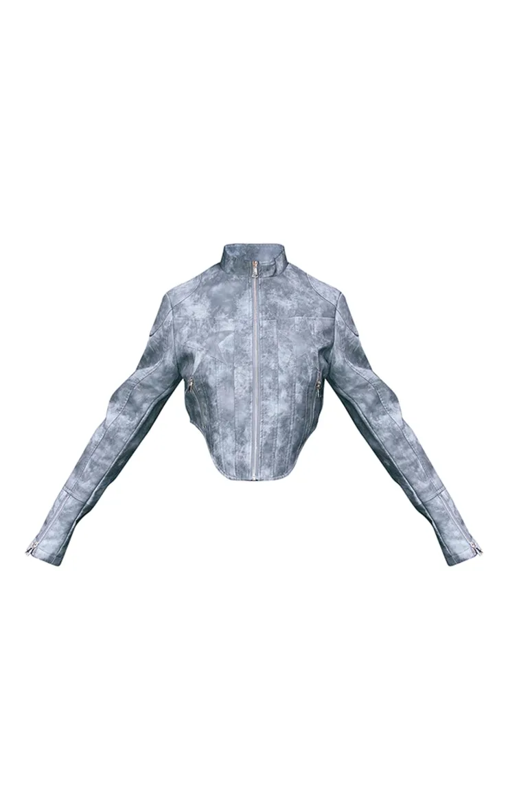 Washed Blue Distressed Faux Leather Star Embroidery Biker Jacket sold by Pretty Little Thing product image thumbnail 5
