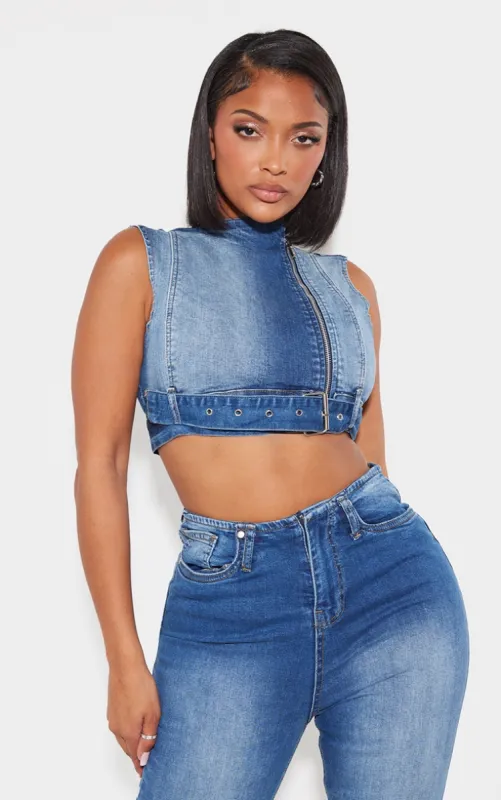Shape Light Blue Denim Cropped Zip Detail Sleeveless Jacket sold by Pretty Little Thing