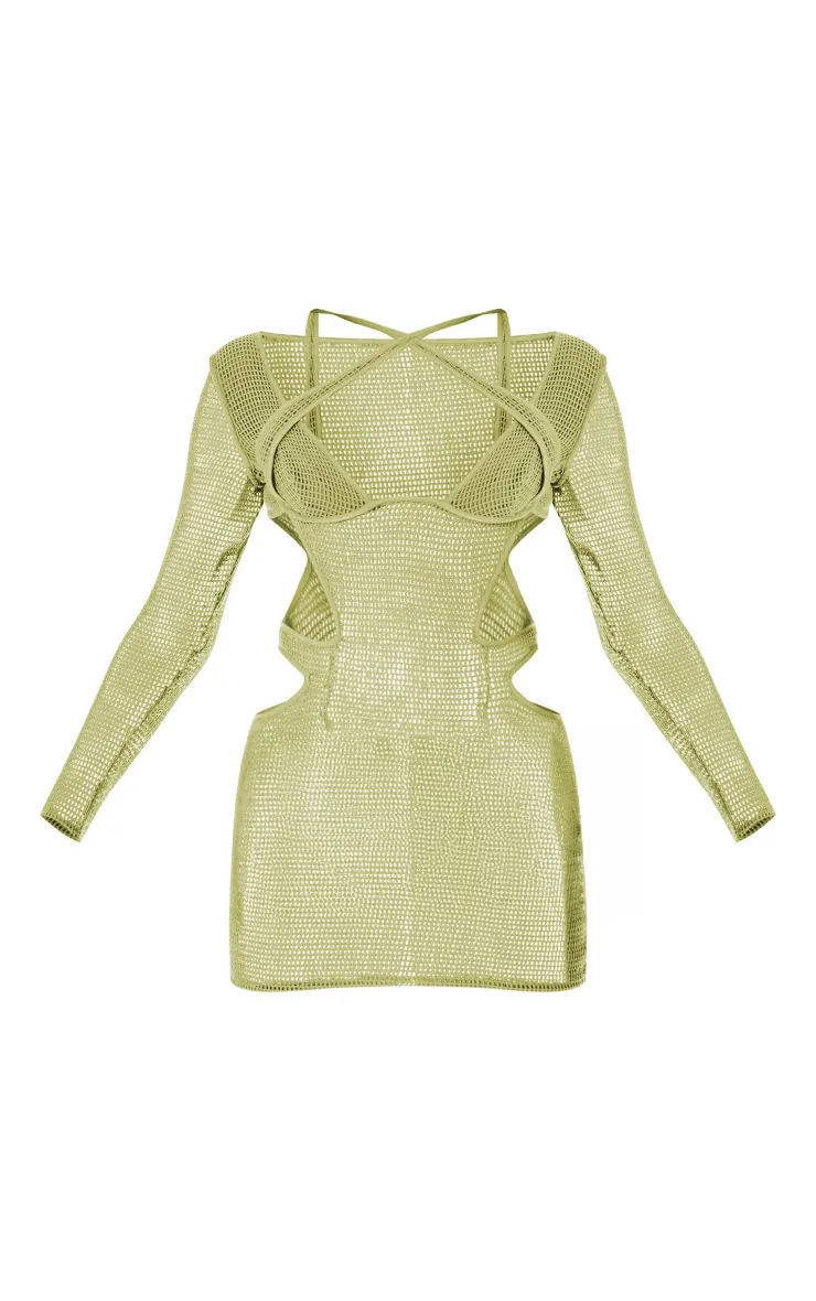 PLT Label Olive Textured Sheer Cut Out Detail Bodycon Dress sold by Pretty Little Thing product image thumbnail 5