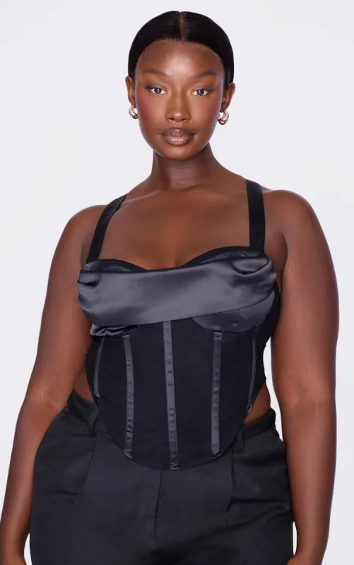 Plus Black Mesh Boned Dipped Corset sold by Pretty Little Thing