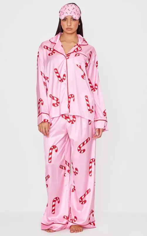 Pink Candy Cane Print Satin Long PJ Set sold by Pretty Little Thing