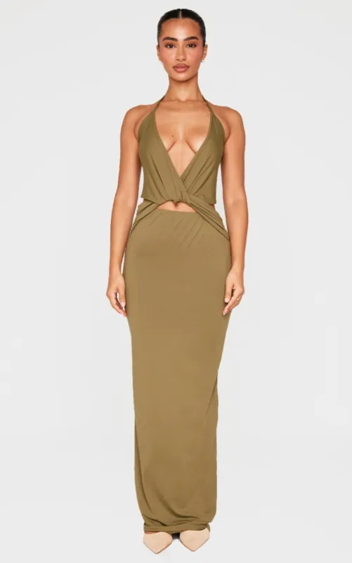 Petite Khaki Halterneck Twist Detail Maxi Dress sold by Pretty Little Thing