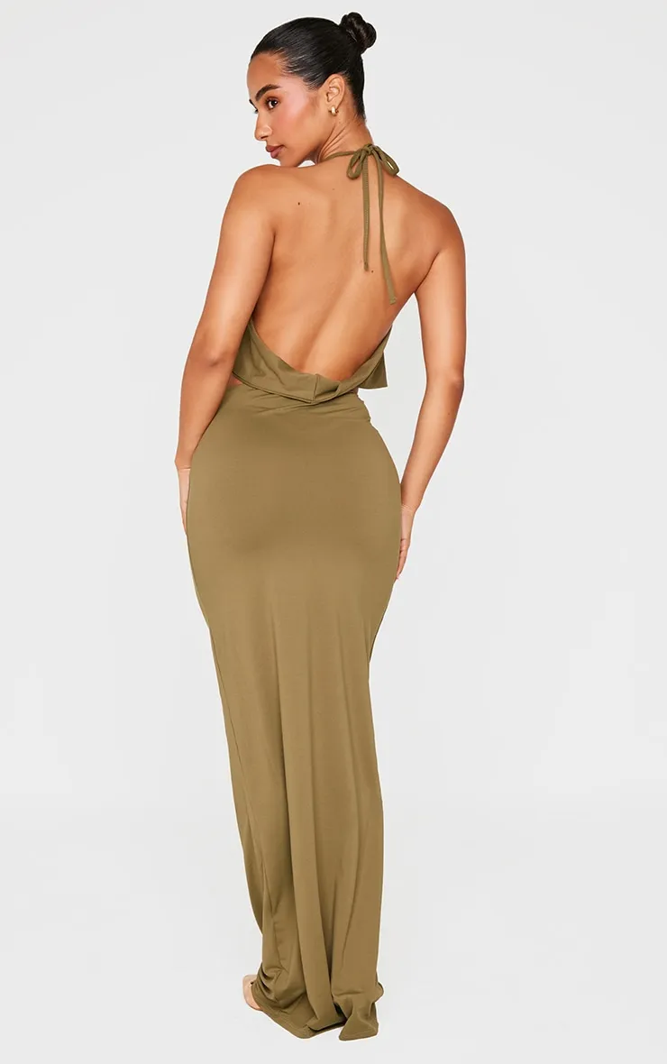 Petite Khaki Halterneck Twist Detail Maxi Dress sold by Pretty Little Thing product image thumbnail 2