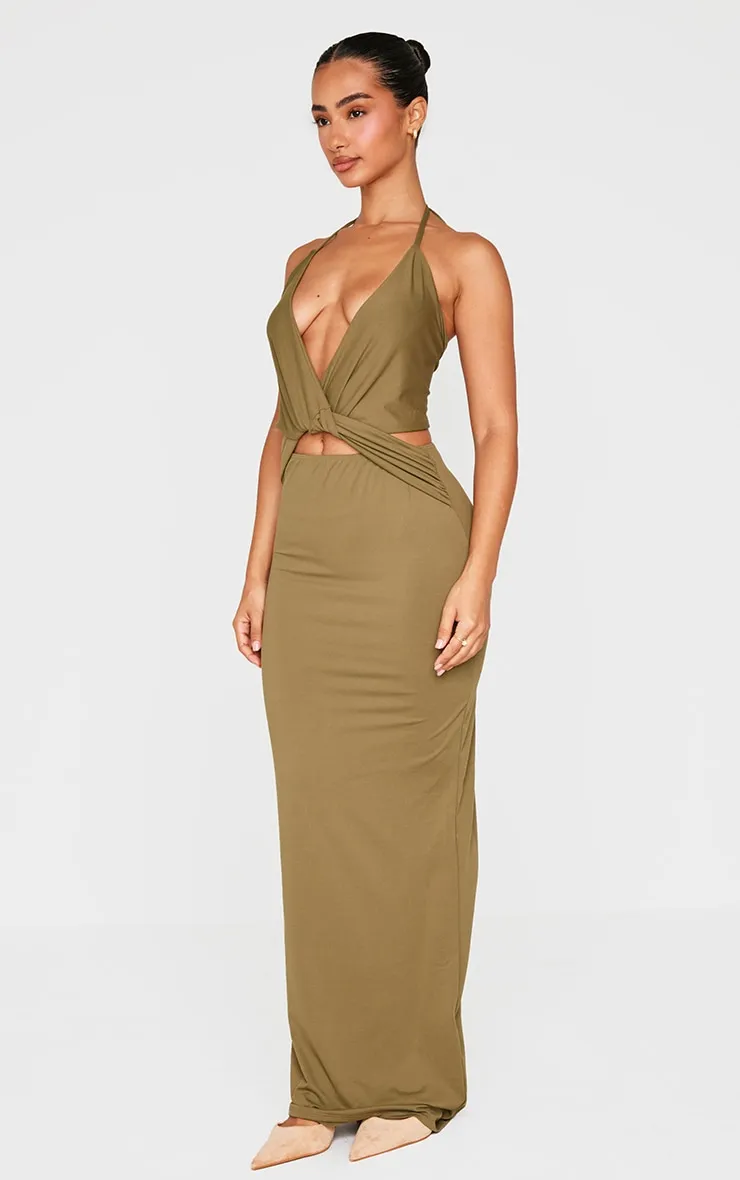 Petite Khaki Halterneck Twist Detail Maxi Dress sold by Pretty Little Thing product image thumbnail 3