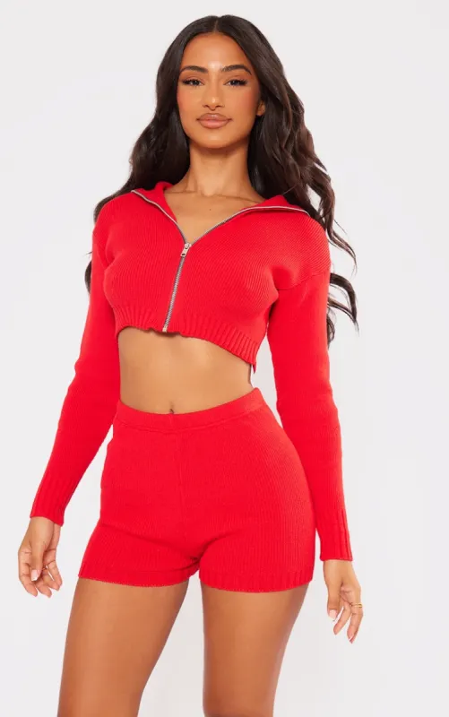 Petite Red Knitted Zip Up Cardigan sold by Pretty Little Thing