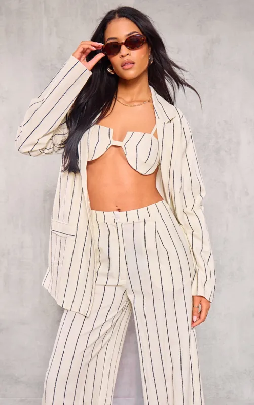 Tall White Stripe Linen Blazer sold by Pretty Little Thing