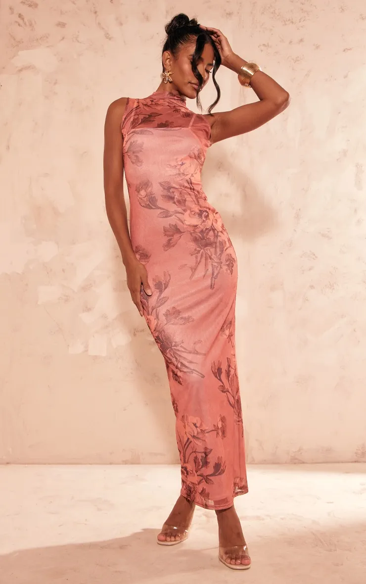 Rust Printed Mesh Overlay Maxi Dress sold by Pretty Little Thing