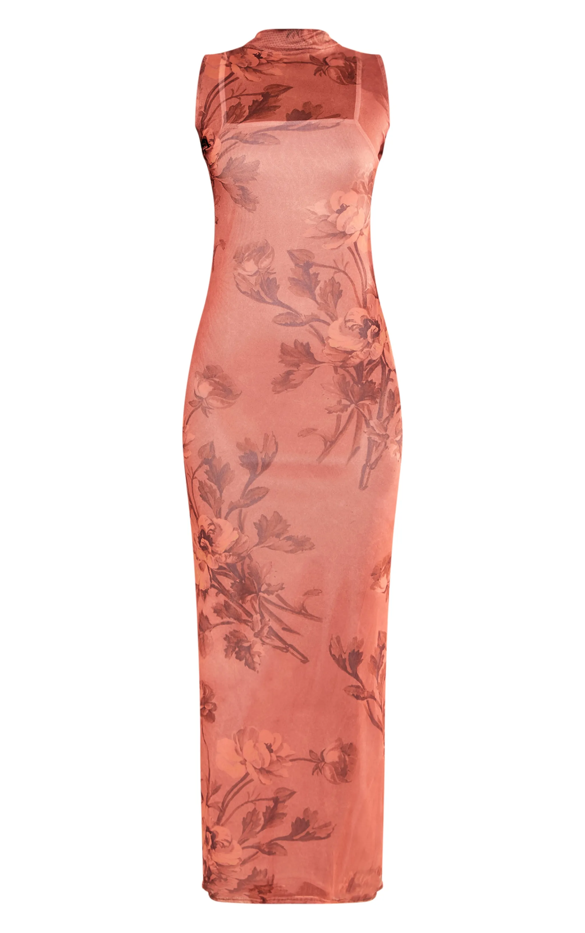 Rust Printed Mesh Overlay Maxi Dress sold by Pretty Little Thing product image thumbnail 5