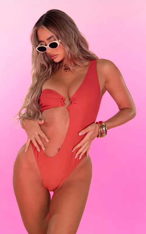 Red One Shoulder Heart Trim Cut Out Swimsuit sold by Pretty Little Thing
