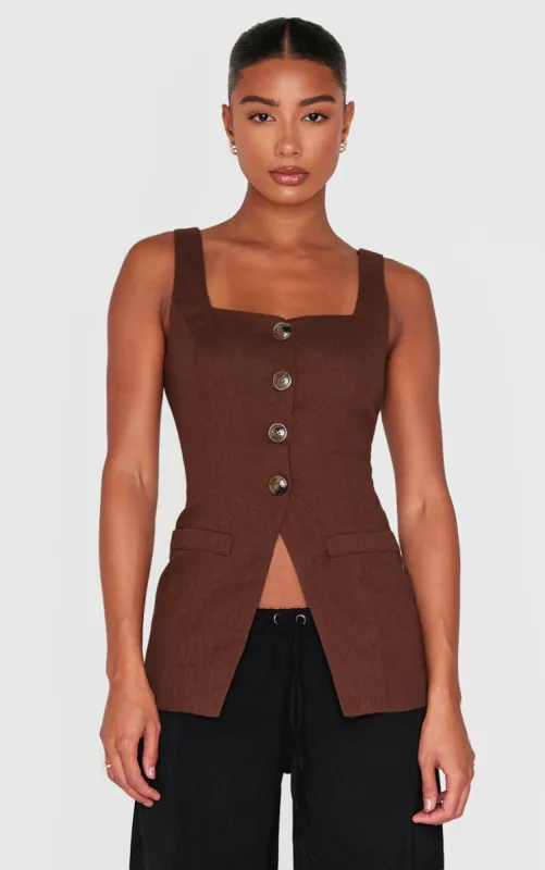 Chocolate Longline Square Neck Waistcoat sold by Pretty Little Thing