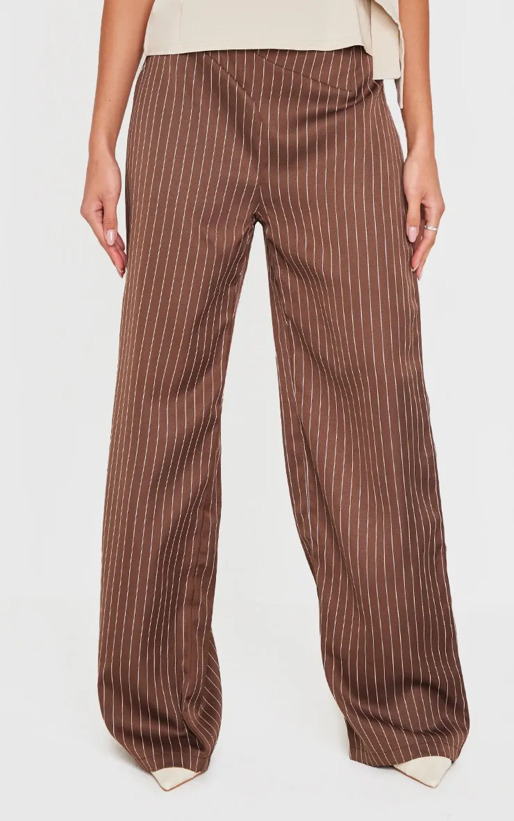 Chocolate Pinstripe Dipped Waist Straight Leg Trousers sold by Pretty Little Thing product image thumbnail 2
