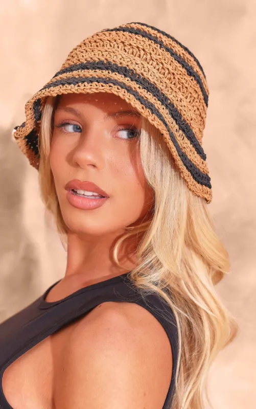 Black Raffia Stripe Bucket Hat sold by Pretty Little Thing