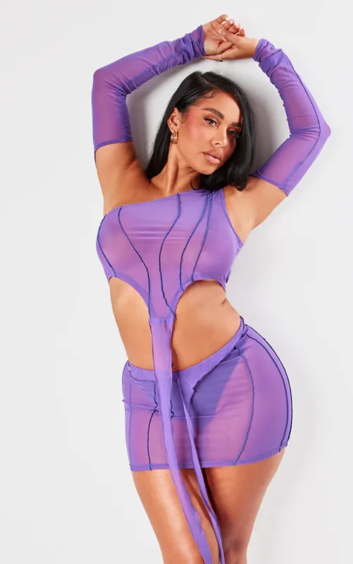 Shape Dark Purple Mesh Seam Detail One Shoulder Crop Top made by Pretty Little Thing