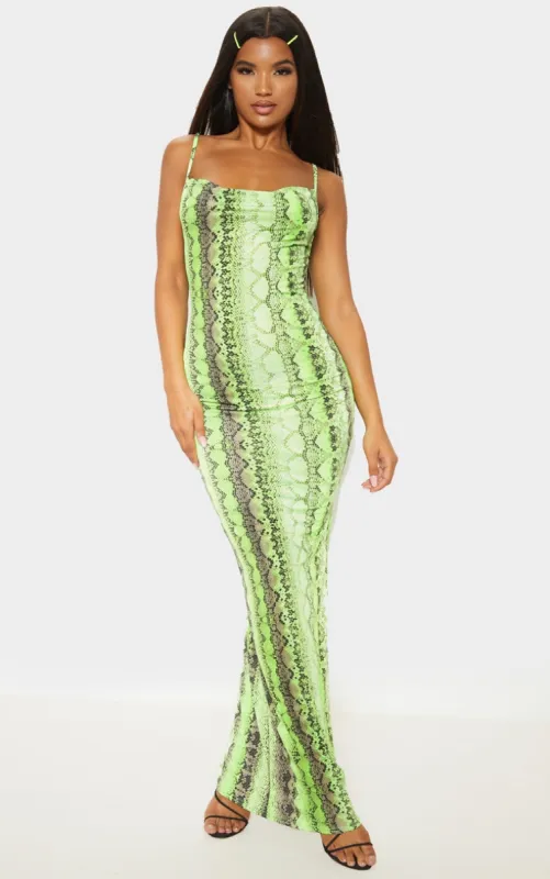 Neon Lime Cowl Snake Print Maxi Dress sold by Pretty Little Thing