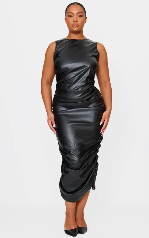 Plus Black Faux Leather Ruched Sleeveless Maxi Dress sold by Pretty Little Thing