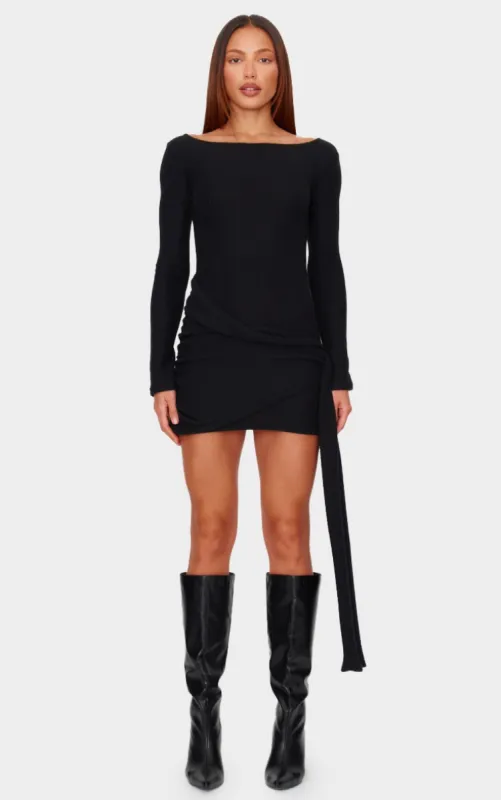 Black Brushed Rib Tie Waist Detail Bodycon Dress made by Pretty Little Thing