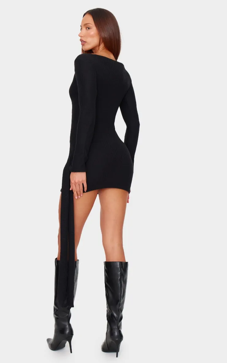 Black Brushed Rib Tie Waist Detail Bodycon Dress sold by Pretty Little Thing product image thumbnail 2